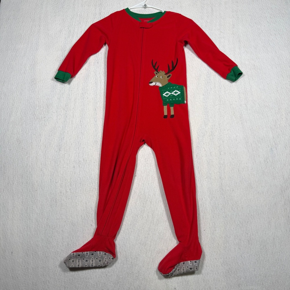 Carters Kids Red Reindeer Fleece Footed Pajamas Sleepwear Size 5T Holiday